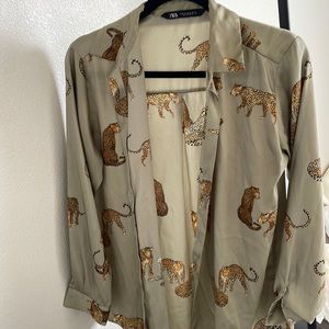 Zara Leopard Print Satin Button Down